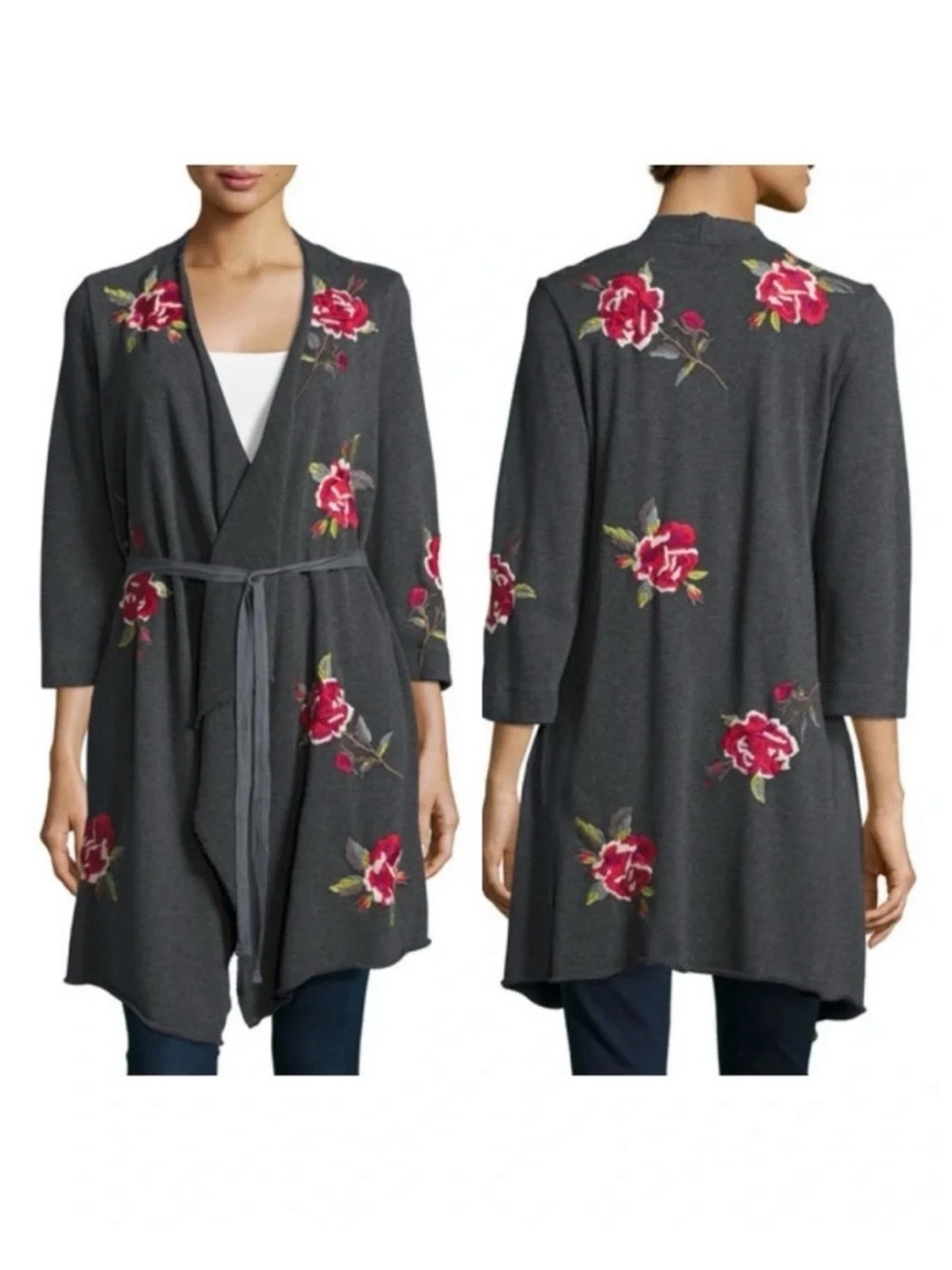 Embroidered Floral Belted Open-Front Cardigan Sweater - Charcoal with Roses